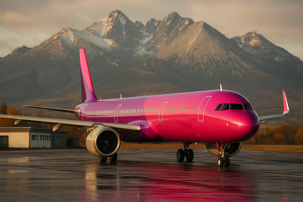 Lietadlo Wizz Air na ploche Letiska Poprad-Tatry s panorámou Vysokých Tatier v pozadí