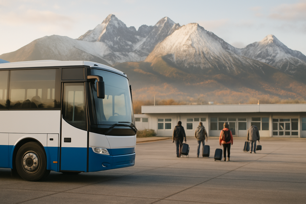 Autobus MHD pred terminálom Letiska Poprad-Tatry s Vysokými Tatrami v pozadí